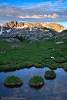 tarn, reflection, sunset, clouds